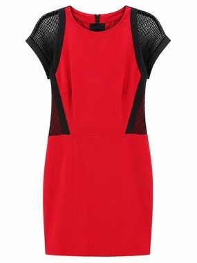 Cache Red Midi Sheath Dress with Black Mesh Trim